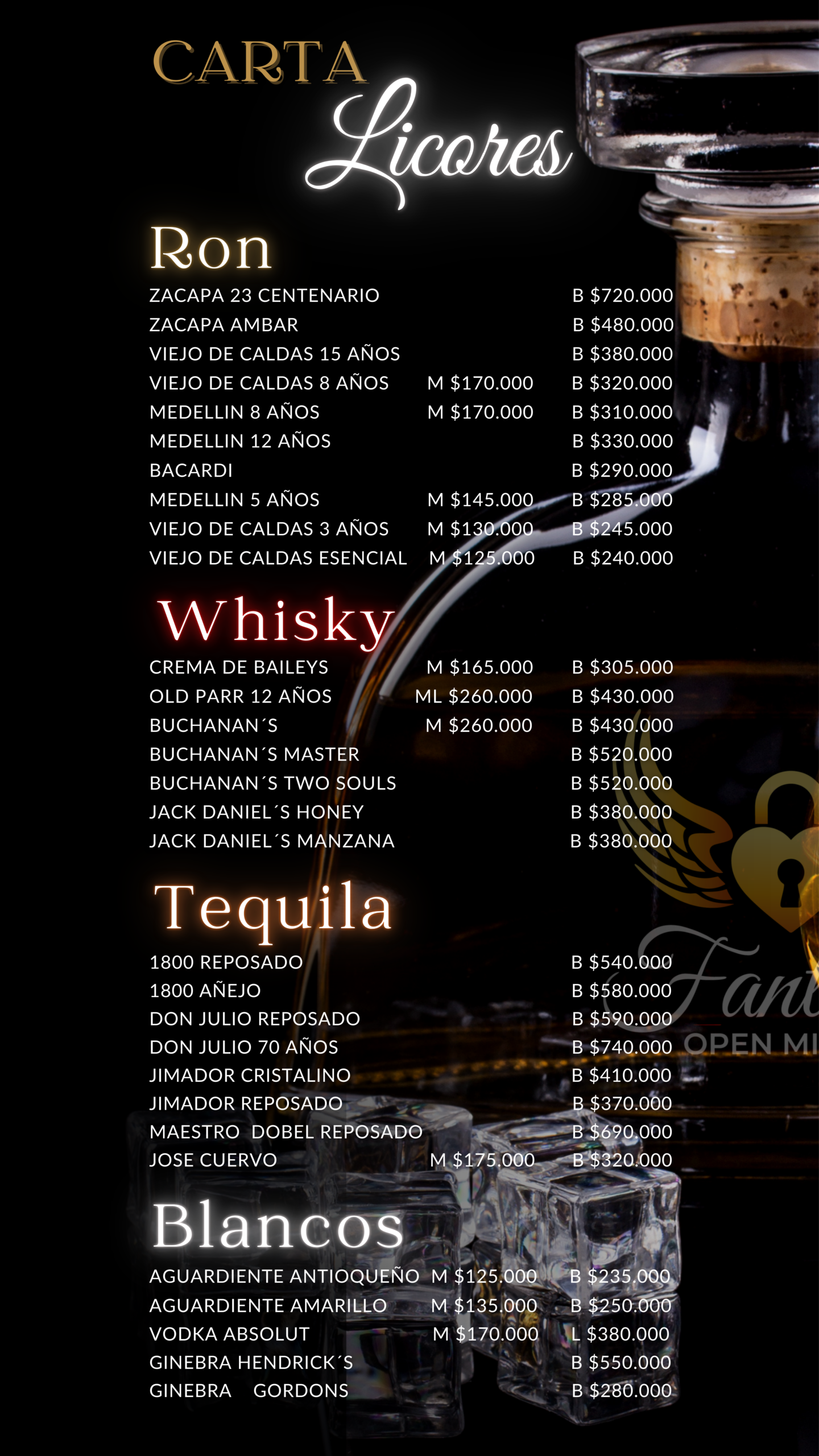 Carta de licores y bebidas en club swinger Fantasy OpenMind en Medellín