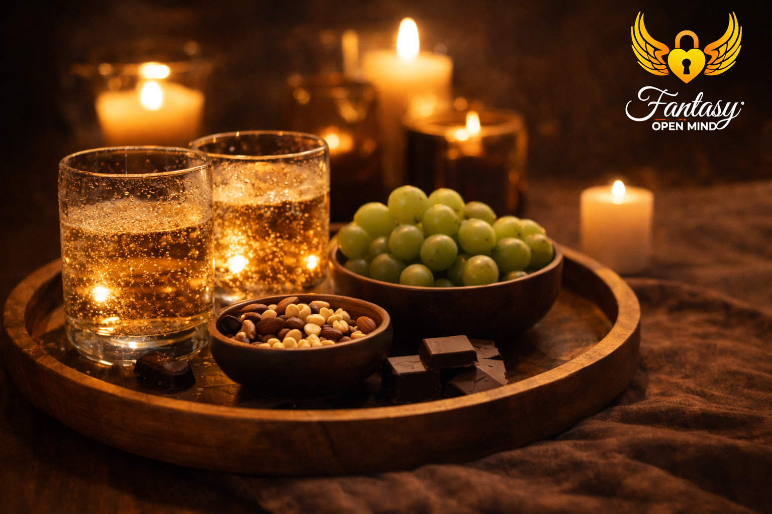 Refrigerio tipo experiencia con soda especial, uvas y frutos secos en taller de masaje tántrico para parejas en Medellín